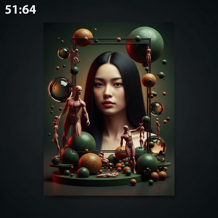 Surreal Digital Art: Woman with Long Black Hair in Amber Green and Violet Landscape Surreal Digital Art: Woman with Long Black Hair in Amber Green and Violet Landscape