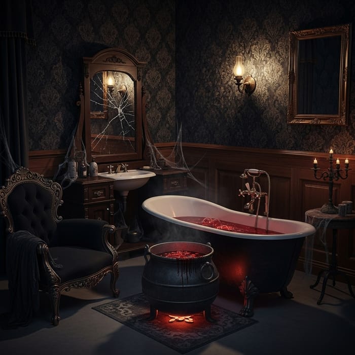 Eerie Gothic Bathroom with Cauldron Bath Eerie Gothic Bathroom with Cauldron Bath