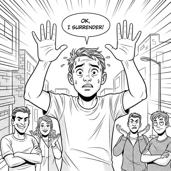 Black and White Comic-Style Illustration of Person Surrendering