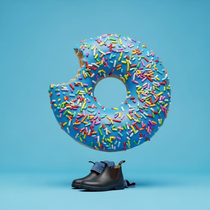 Blue Donut with Colorful Sprinkles and Blundstone Shoes