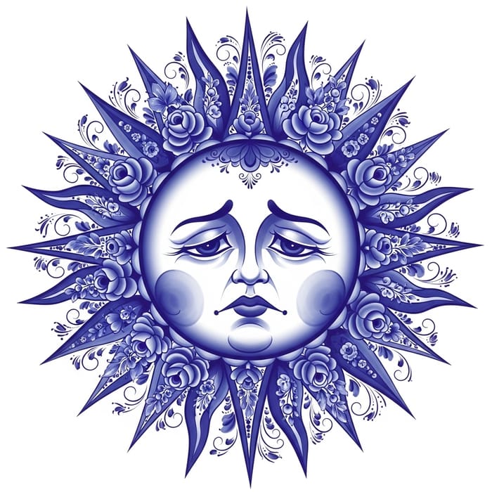 Melancholy Sun in Gzhel Style - Traditional Russian Folk Art Inspired