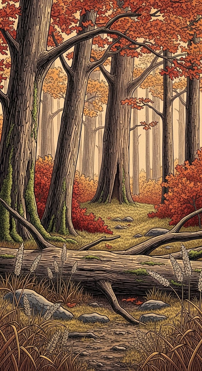 Intricate Ink Drawing of Autumn Oak Grove | Ivan Shishkin Style Artwork