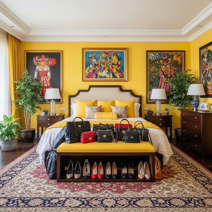 Vibrant Yellow Bedroom: Hermes Homewares, Bag & Shoe Display Vibrant Yellow Bedroom: Hermes Homewares, Bag & Shoe Display