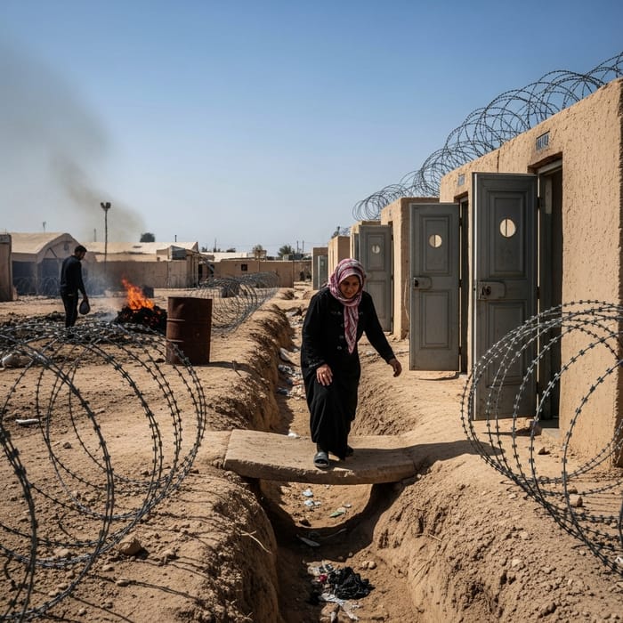 Gritty Scene: Woman on Path to Latrines Amid Barbed Wire
