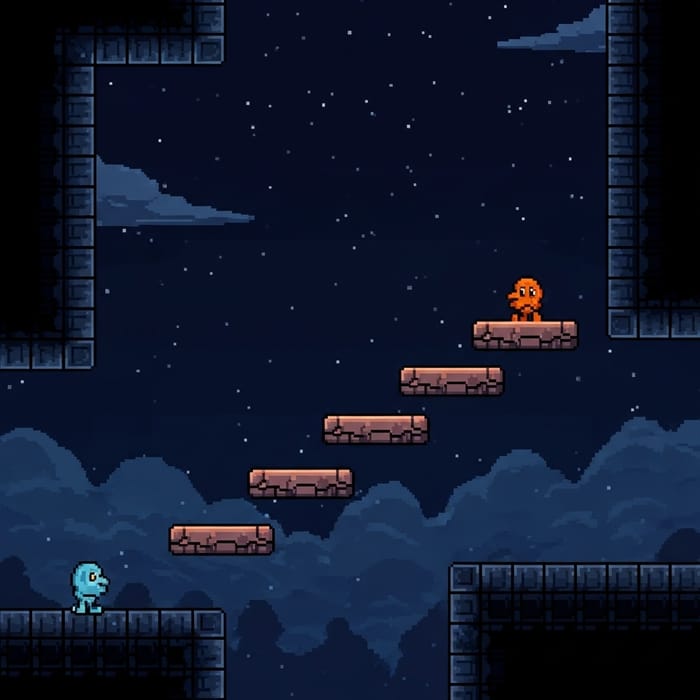 Pixellated Night Scene with Platforms: Moonlight Setting Pixellated Night Scene with Platforms: Moonlight Setting