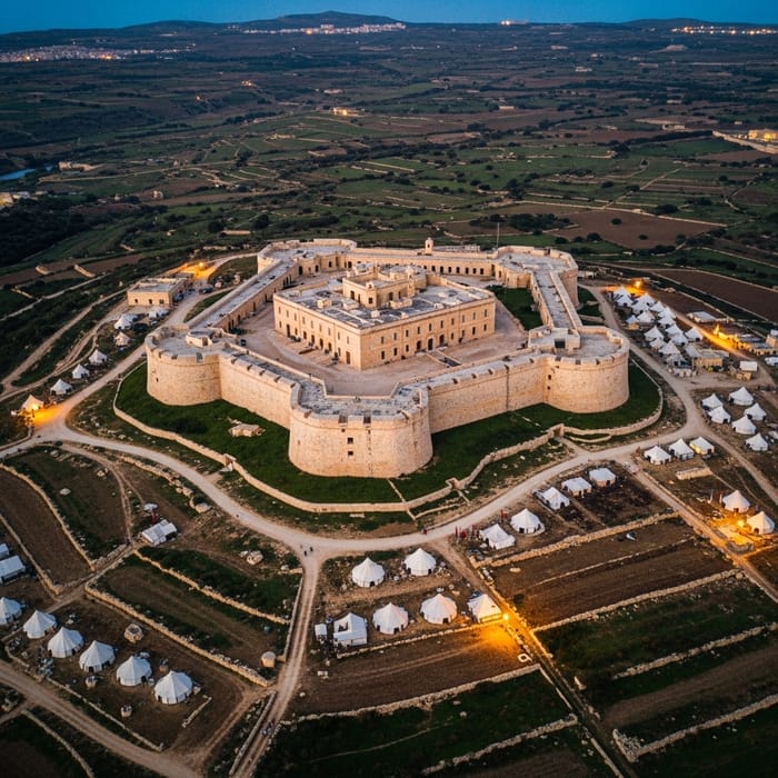Nighttime Aerial View of Citadel in Victoria, Gozo | Turkish Camps & Great Siege of Malta
