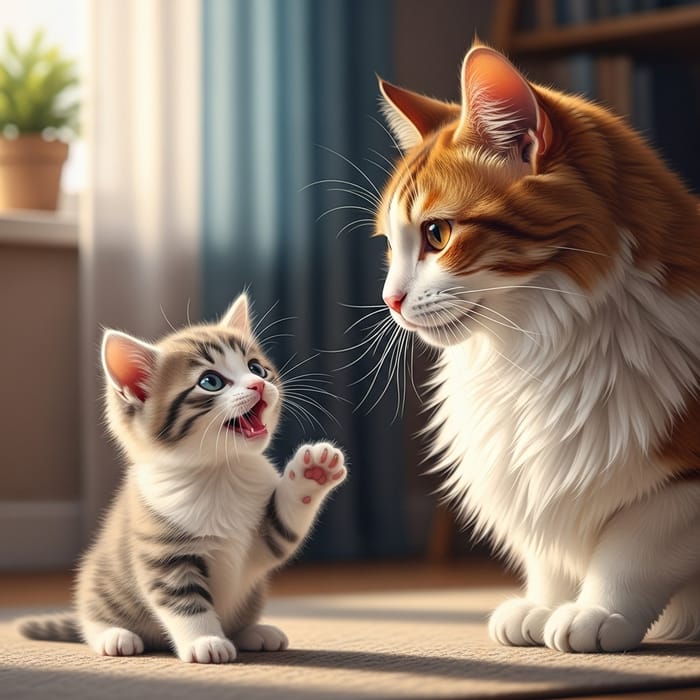 Adorable Kitten Meowing beside Mother Cat