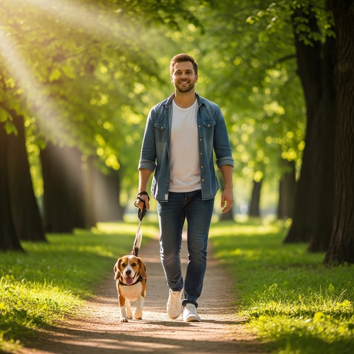 Man Enjoys Day Out with Beagle in Sunny Park Man Enjoys Day Out with Beagle in Sunny Park