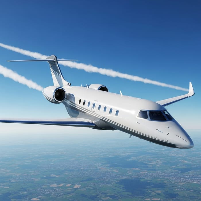 Luxurious Private Jet Soaring High in Clear Blue Sky Luxurious Private Jet Soaring High in Clear Blue Sky