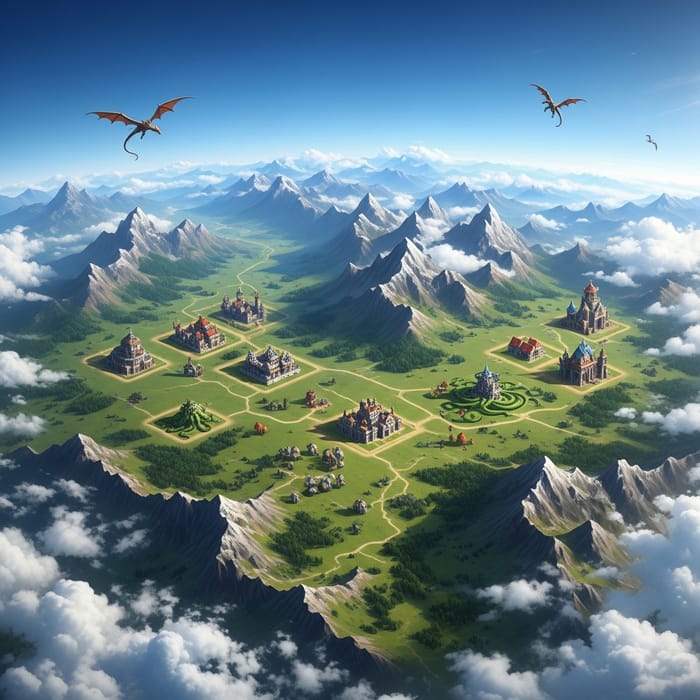 Mythical Creatures and Verdant Landscapes in a Vast Aerial View Mythical Creatures and Verdant Landscapes in a Vast Aerial View