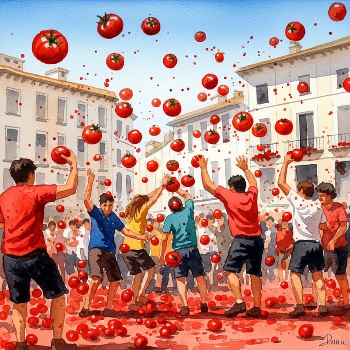 Spanish La Tomatina Festival Watercolor Painting