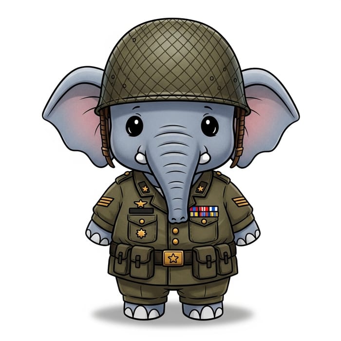 Charming Cartoon Elephant in Military Uniform