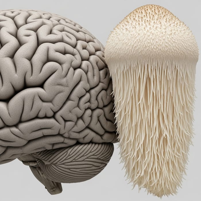 Human Brain and Hedgehog Mushroom: Intricate Anatomical View Human Brain and Hedgehog Mushroom: Intricate Anatomical View