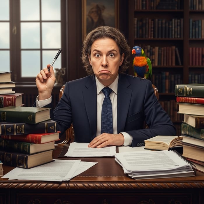 Professional Translator with Comical Parrot at Work Professional Translator with Comical Parrot at Work