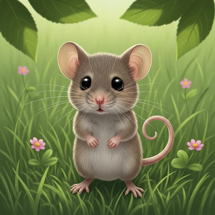 Cute Grey Mouse Standing Among Wildflowers Cute Grey Mouse Standing Among Wildflowers