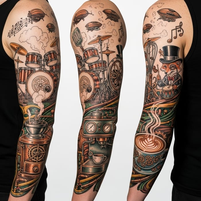 Steampunk Tattoo Design with Music, Drums, Culinary & Latte Art