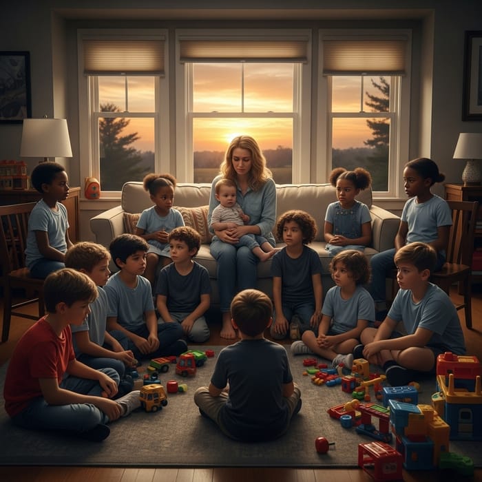 Heartbreaking Scene: Mother with 20 Sad Kids in Living Room