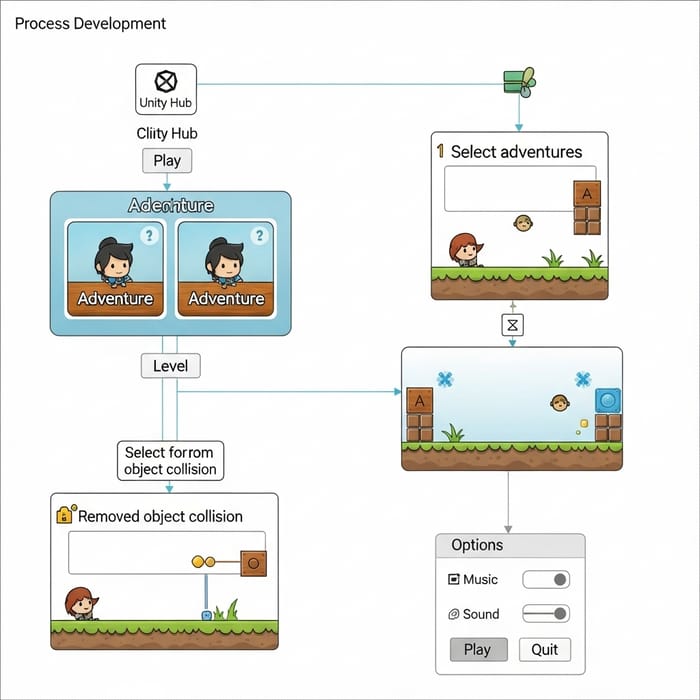 Detailed Game Development Process Flow: Unity Hub, Adventures, Gameplay