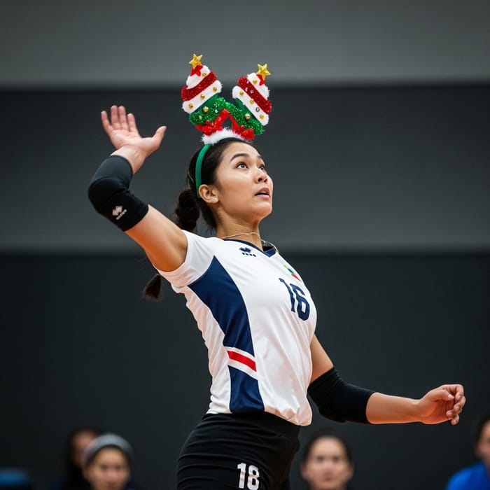 Female Volleyball Player with Festive Christmas Headband Female Volleyball Player with Festive Christmas Headband