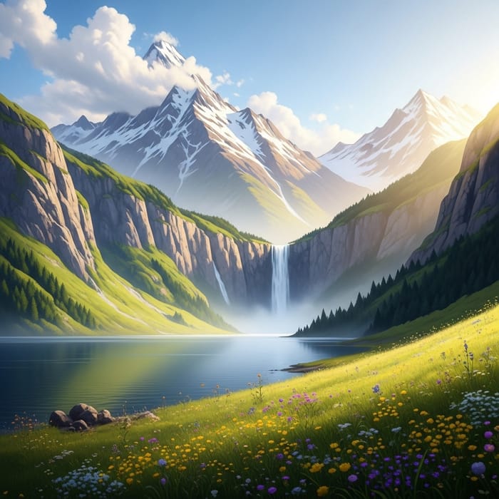Tranquil Landscape with Waterfall, Large Lake & Mountains Tranquil Landscape with Waterfall, Large Lake & Mountains