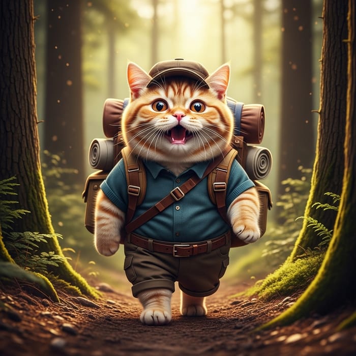 Realistic British Ginger Cat in Hiking Attire