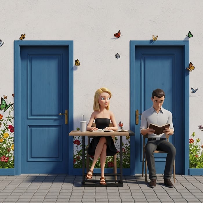 Blonde Girl in 3D Animation Studio - Wall Mural with Butterflies Blonde Girl in 3D Animation Studio - Wall Mural with Butterflies