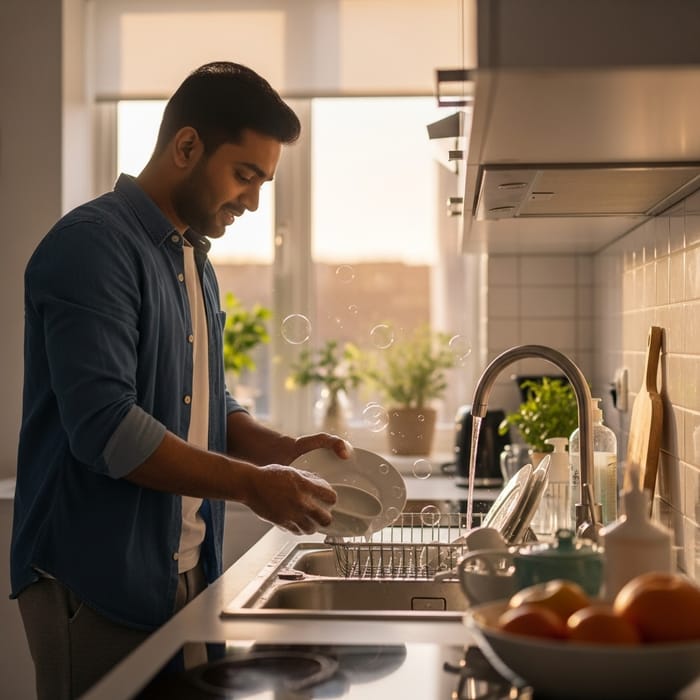 Stacked Dishwasher Image for South Asian Man in Kitchen