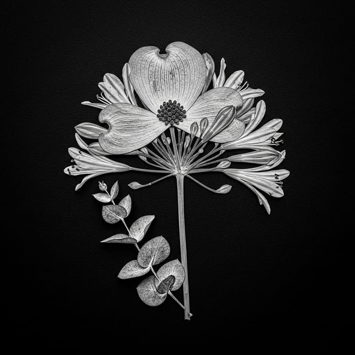 Botanical Chimera: Intricately Pressed Flower in Monochrome
