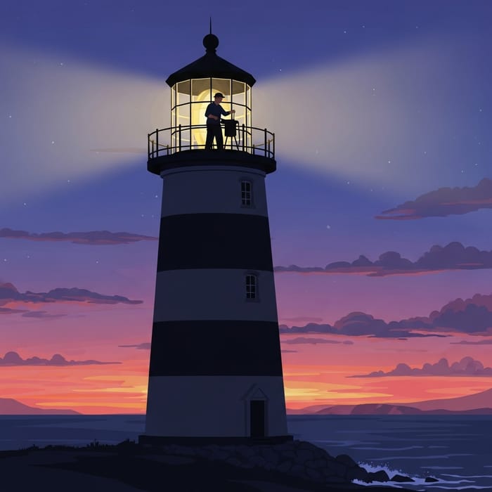 Serene Lighthouse Silhouette at Sunset with Caretaker Serene Lighthouse Silhouette at Sunset with Caretaker
