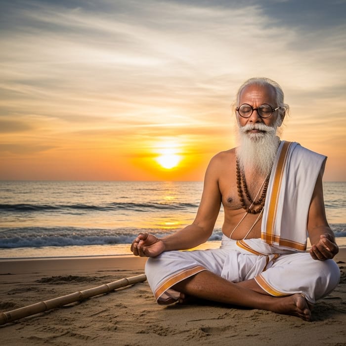 Gandhi Meditating on Tranquil Beach at Sunset Gandhi Meditating on Tranquil Beach at Sunset