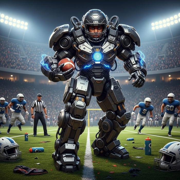 Futuristic Football Player in Mech-Styled Field