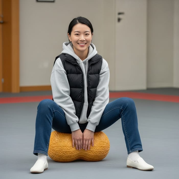 Confident Asian Girl in Grey Hoodie on Peanut Yoga Ball Confident Asian Girl in Grey Hoodie on Peanut Yoga Ball