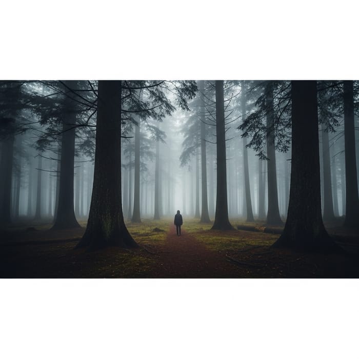 Mysterious Figure in a Foggy Forest Scene Mysterious Figure in a Foggy Forest Scene