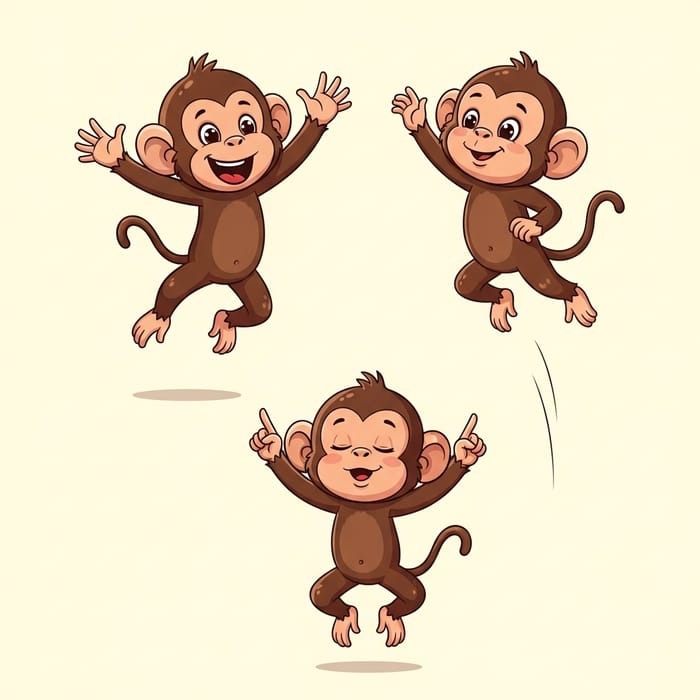 Cute Cartoon Baby Monkeys Jumping in Three Poses Vector