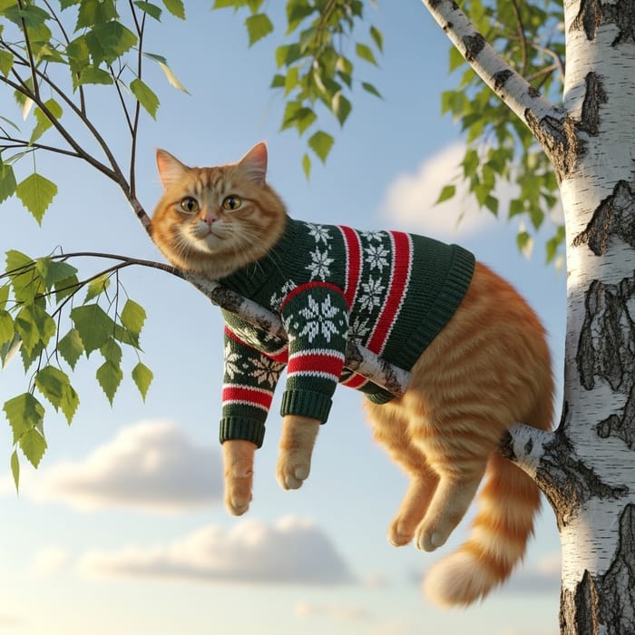 Adorable Ginger Cat in Knitted Sweater Hanging Playfully