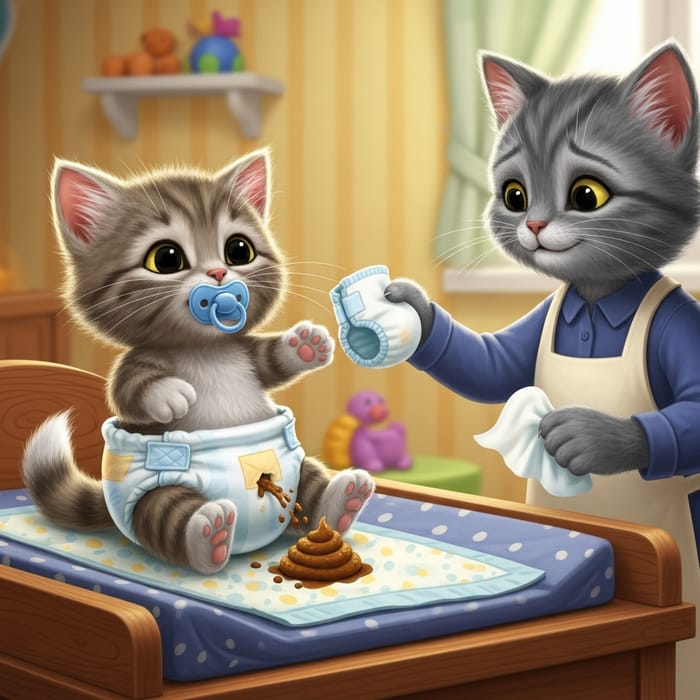Adorable Newborn Kitten Diaper Change Cartoon | Nursery Artwork