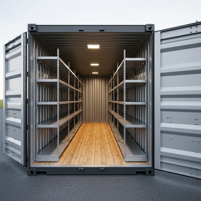 Modern Shipping Container with Open Shelves Modern Shipping Container with Open Shelves