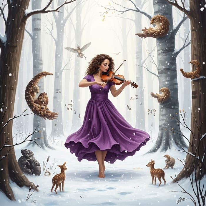 Enchanting Snowy Forest Dance: Woman with Violin & Nature Creatures Enchanting Snowy Forest Dance: Woman with Violin & Nature Creatures