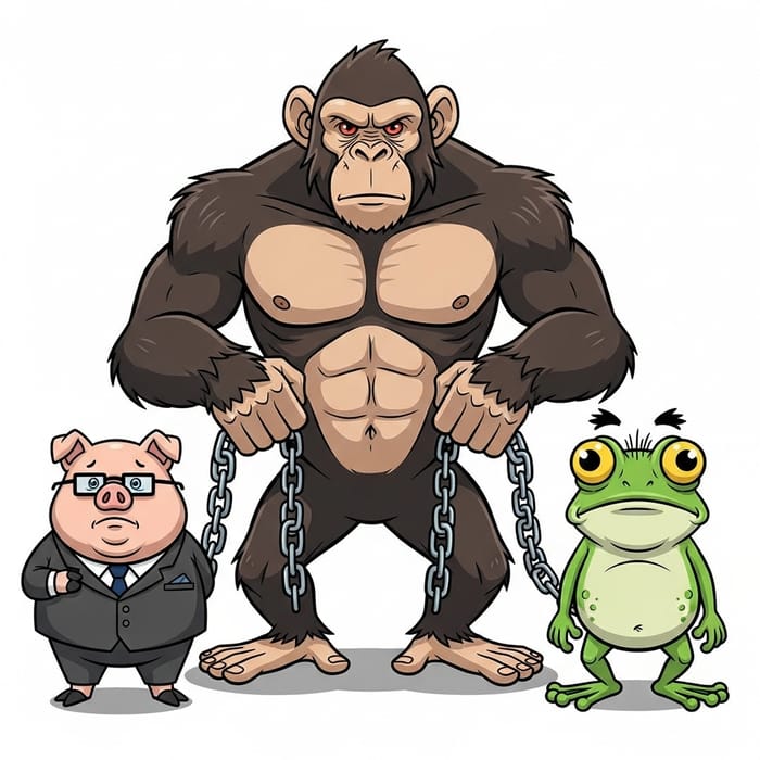 Impressive Chimpanzee Holding Pig and Frog on Chains