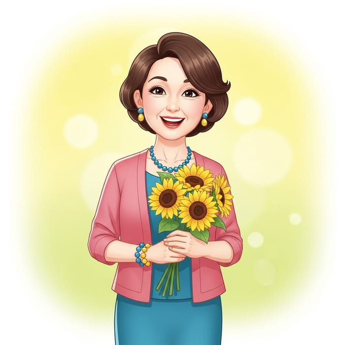 Uplifting Cartoon Art of Smiling Asian Woman with Sunflowers