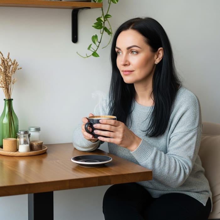 Tranquil Cafe Moment: Serene Woman Savoring Coffee Tranquil Cafe Moment: Serene Woman Savoring Coffee