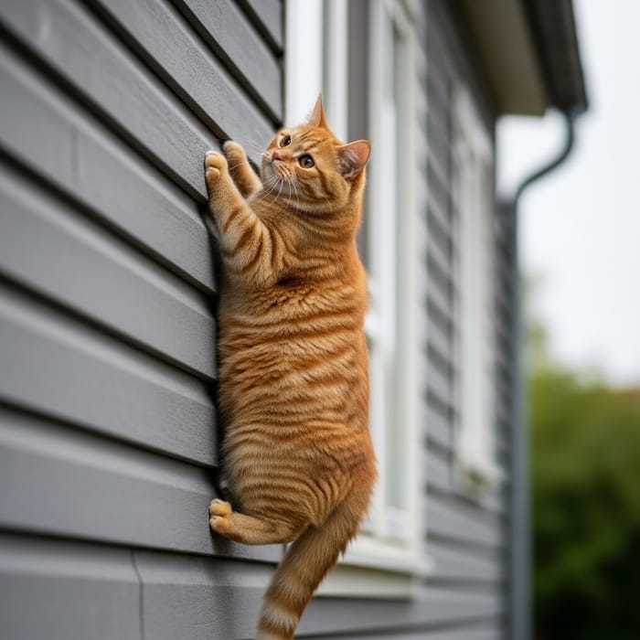 Captivating Spider-like Ginger Cat Climbing Wall | Realistic Photorealism