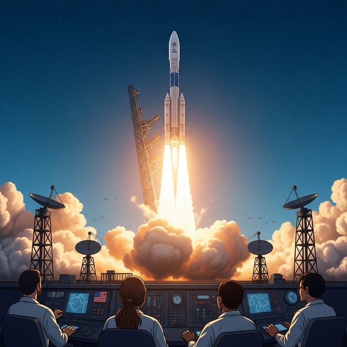 Detailed Rocket Launch Illustration with Diverse Team and Control Station Detailed Rocket Launch Illustration with Diverse Team and Control Station