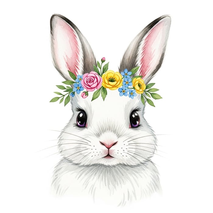 Charming Easter Baby Rabbit with Flowers - Detailed Watercolour Illustration Charming Easter Baby Rabbit with Flowers - Detailed Watercolour Illustration