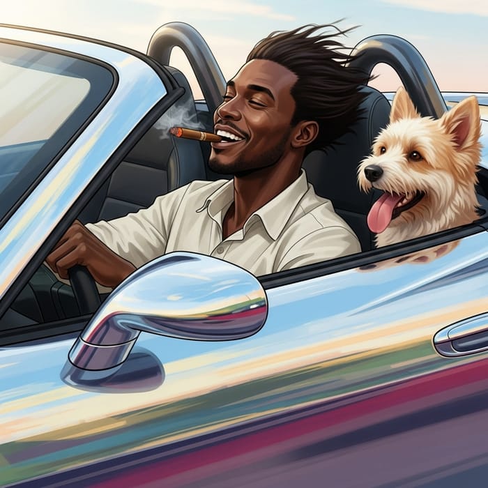 Black Man Driving Sports Car with Cigar & Dog Black Man Driving Sports Car with Cigar & Dog