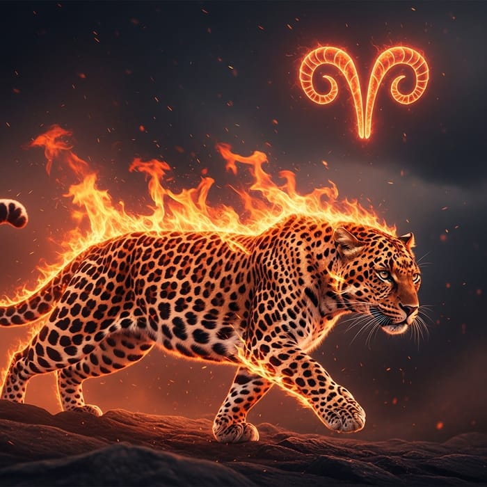 Leopard with Fire Element and Aries Symbol | Dynamic Energy and Strength