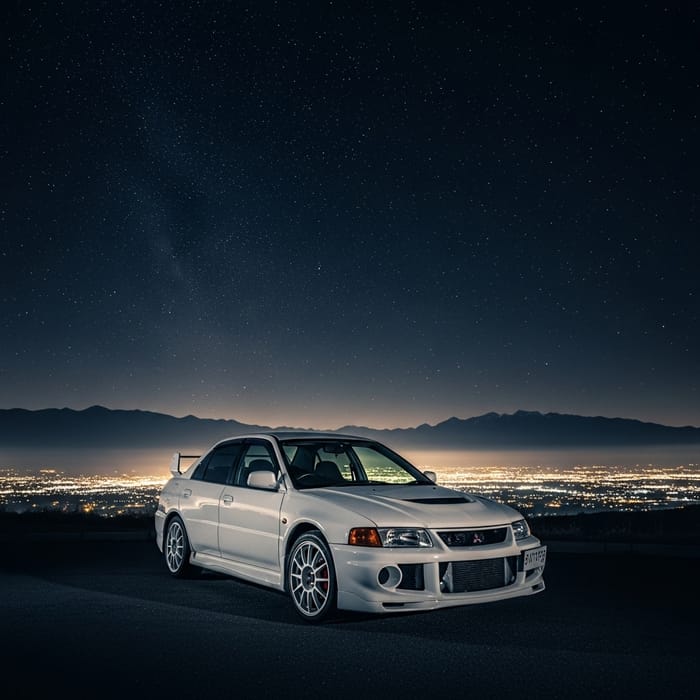 Mitsubishi Evo IV at Night in Aesthetic Mountain Landscape