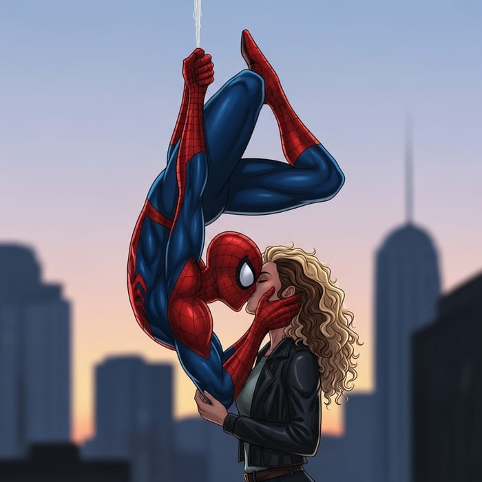 Spiderman Kissing Girl in Romantic City Scene Spiderman Kissing Girl in Romantic City Scene
