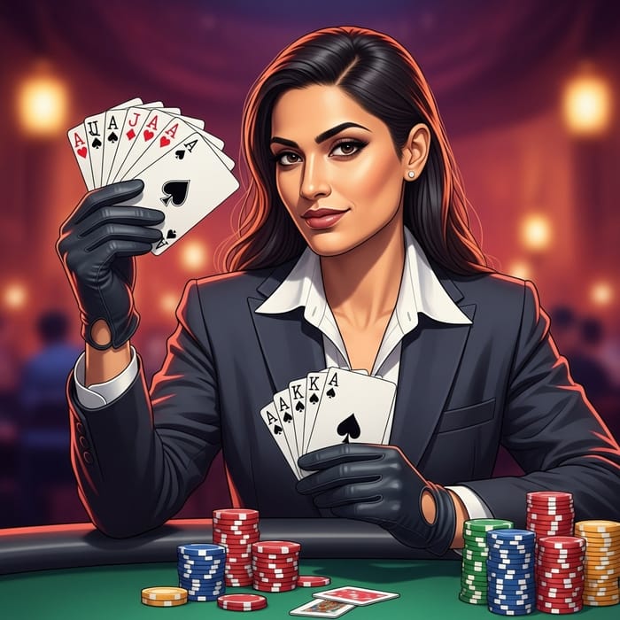 Stylish Woman with Gloves Holding Poker Cards in Casino Stylish Woman with Gloves Holding Poker Cards in Casino