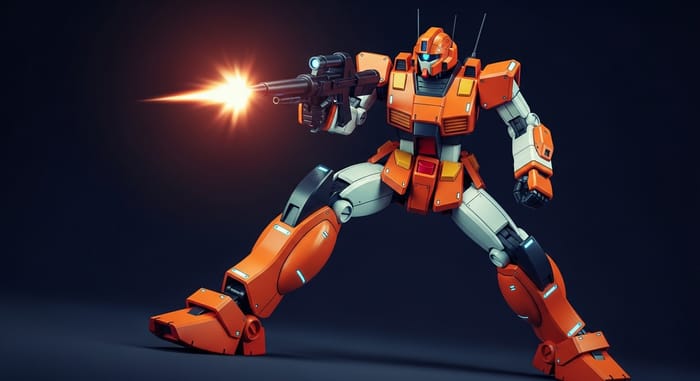 Orange and White Mech in Dynamic Pose: Vibrant Infographic Style